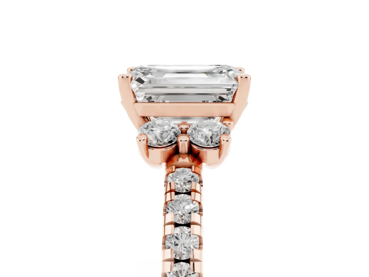 Emerald Cut Diamond Three-Stone Pave Band with Four-Prong Setting Rose gold