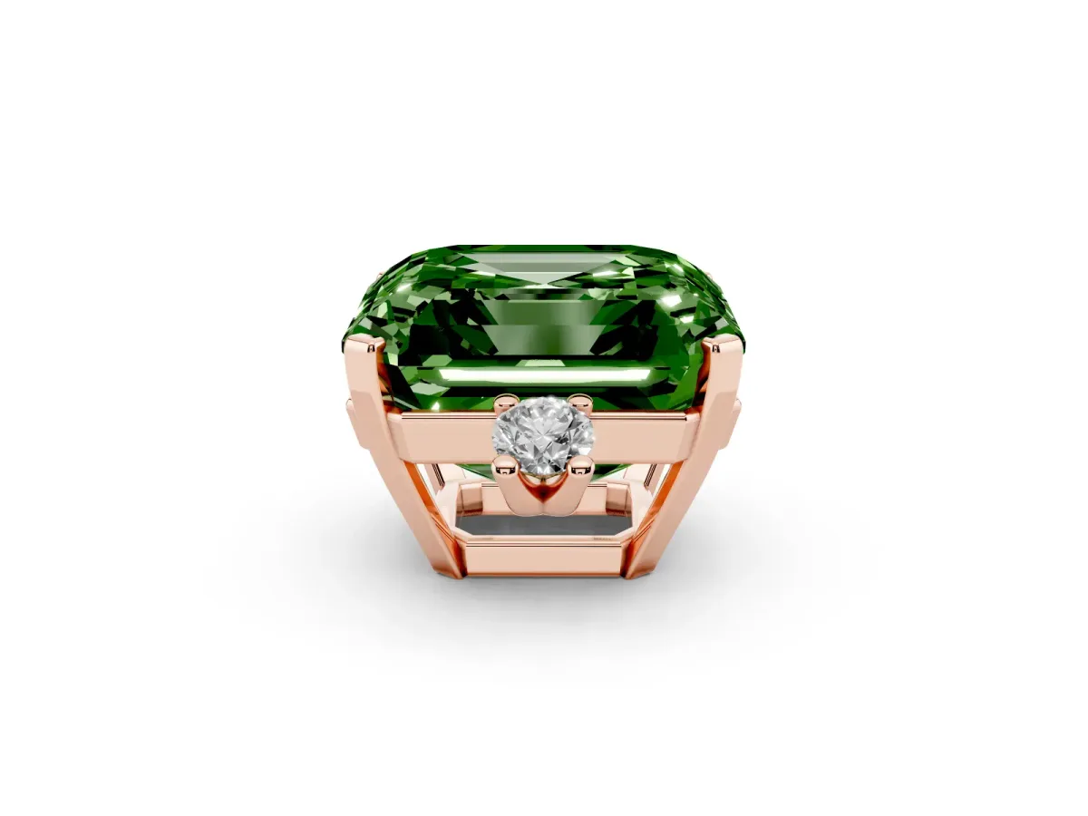 Fancy Green Asscher Cut Cut Three-Stone Solitaire Ring with Round Accent Diamonds and Four-Prong Setting Rose gold