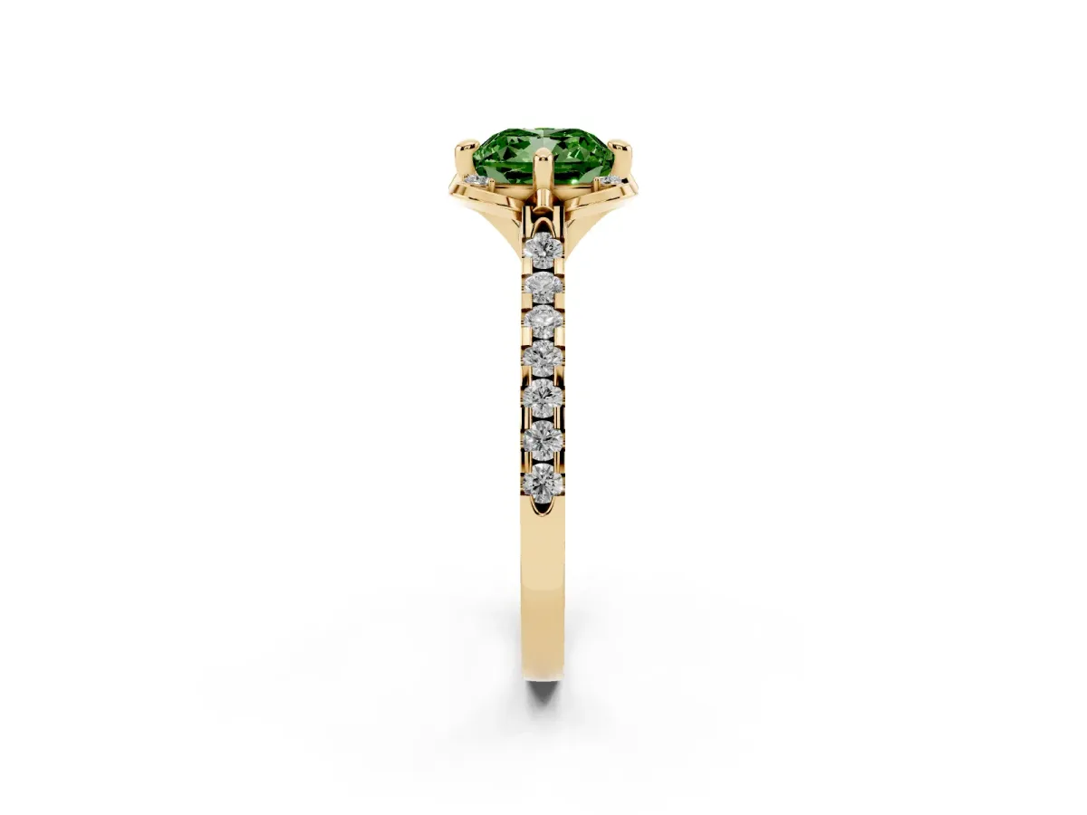 Fancy Green Cushion Cut Diamond Ring with Pavé Band and Floral Prong Setting Yellow gold