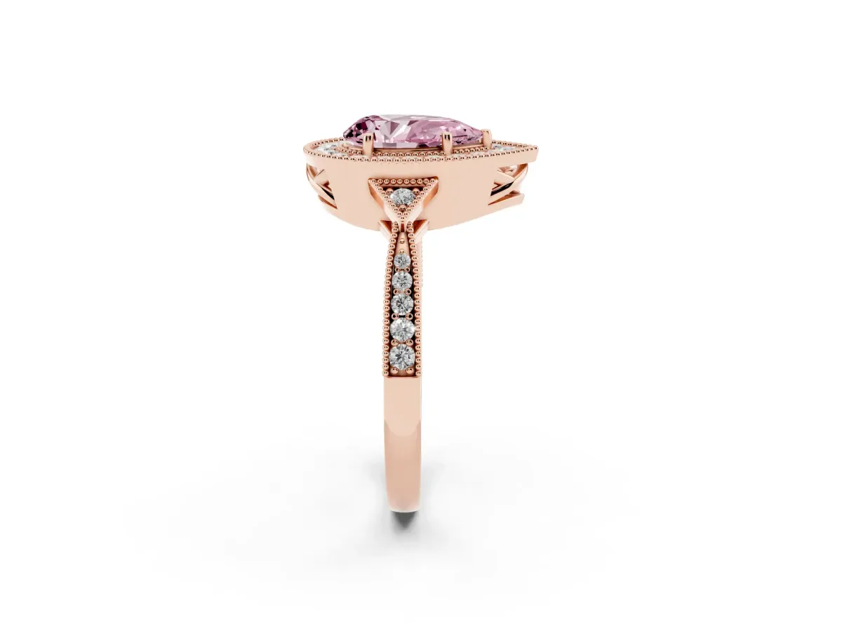 Fancy Pink Pear Cut Halo Round Diamond Milgrain Pave Engagement Ring Rose gold
