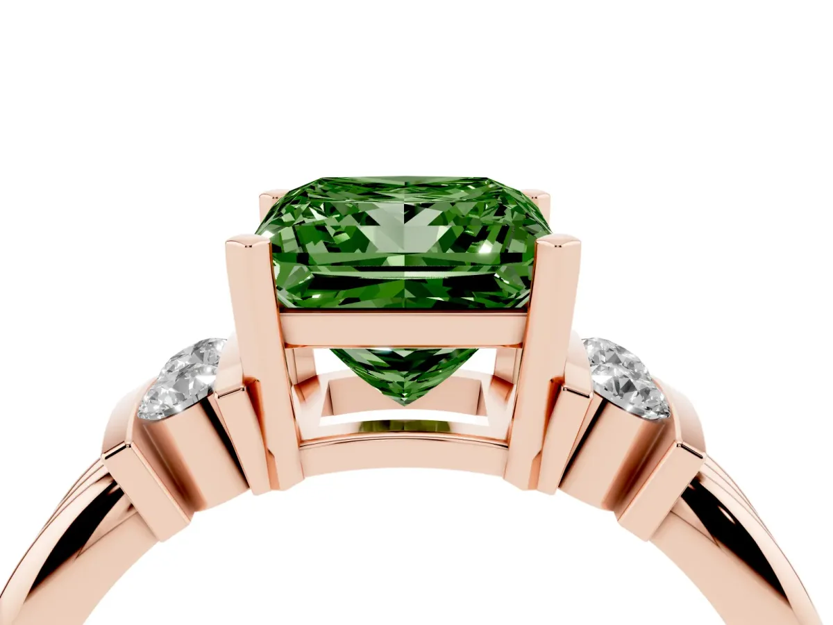 Fancy Green Princess Cut Cut Three-Stone Channel Set Ring with Bar Prongs Rose gold