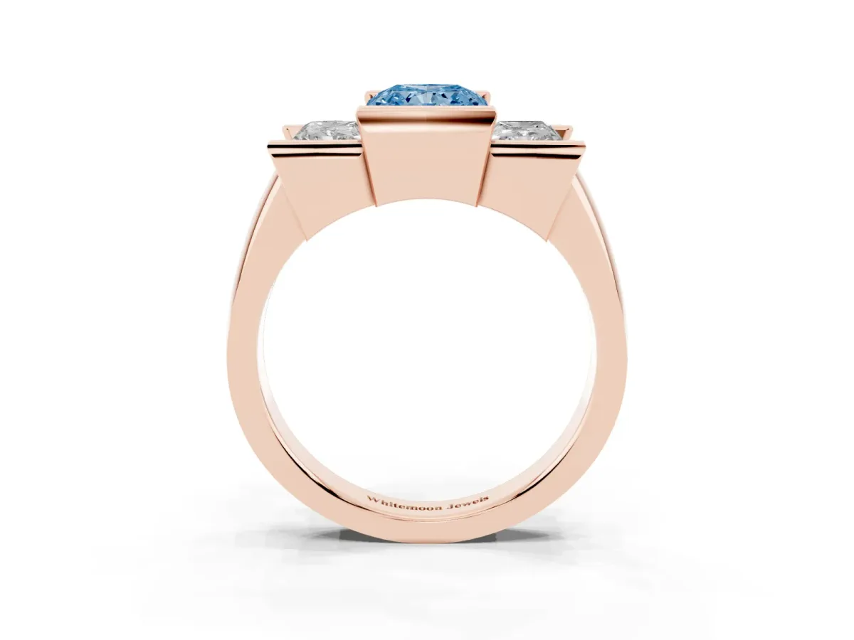 Fancy Blue Three Stone Radiant Cut Cut Channel Set Diamond Ring Rose gold