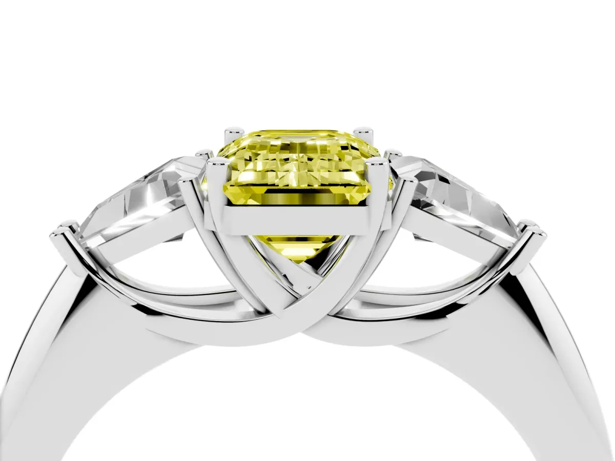 Fancy Yellow Three-Stone Emerald Cut Diamond Engagement Ring with Trillion Side Stones and Prong Setting White gold