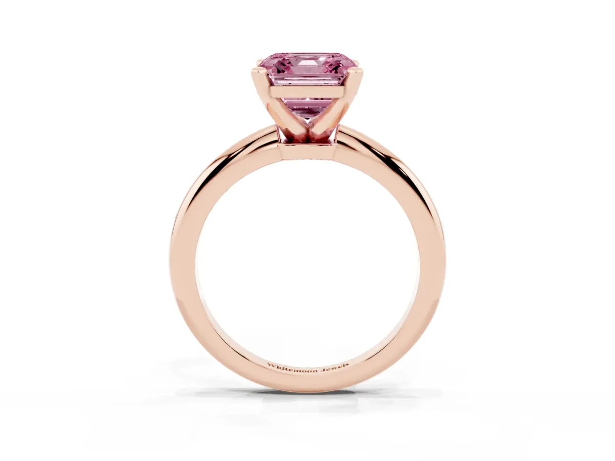 Fancy Pink Asscher Cut Diamond Solitaire Ring with Prong Setting and Classic Band Rose gold