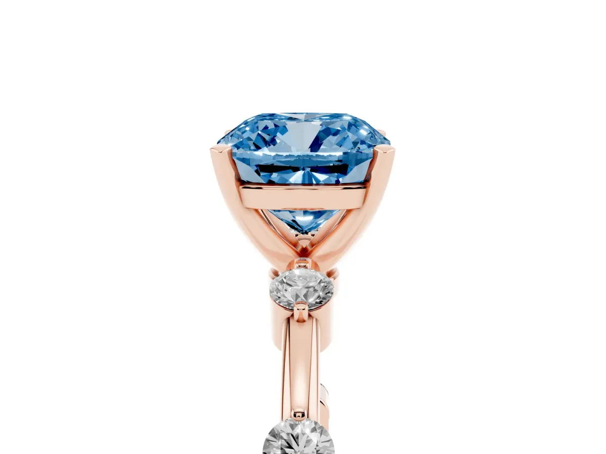 Fancy Blue Cushion Cut Solitaire Diamond Ring with Bezel Set Side Stones and Prong Setting Rose gold
