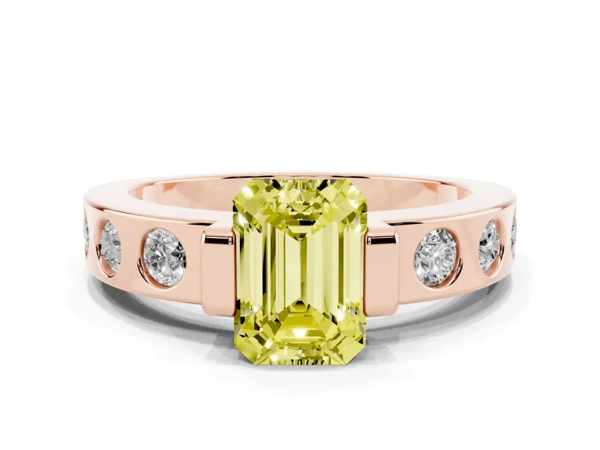 Fancy Yellow Emerald Cut Brilliant Channel-Set Diamond Ring with Bezel Prong Setting Rose gold