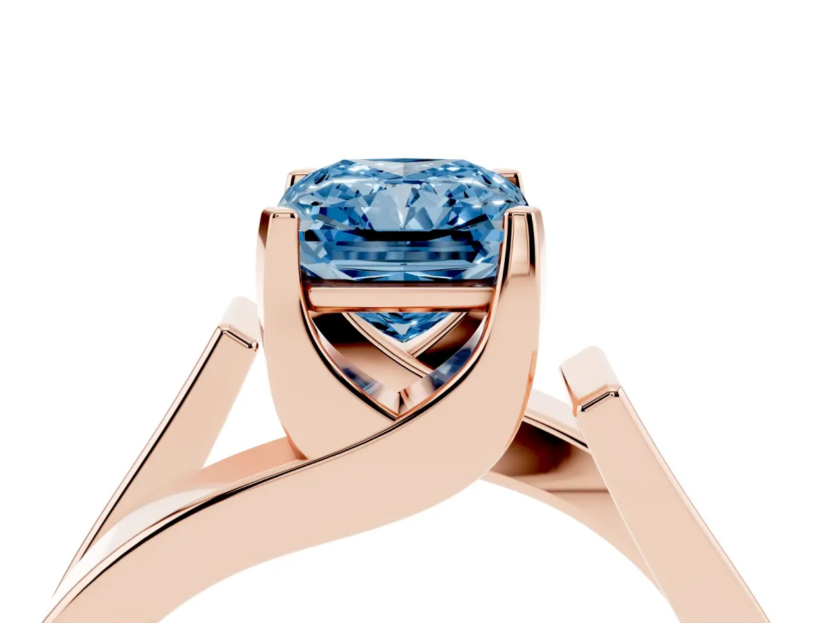 Fancy Blue Modern Tension Set Radiant Cut Diamond Solitaire Wide Band Ring Rose gold
