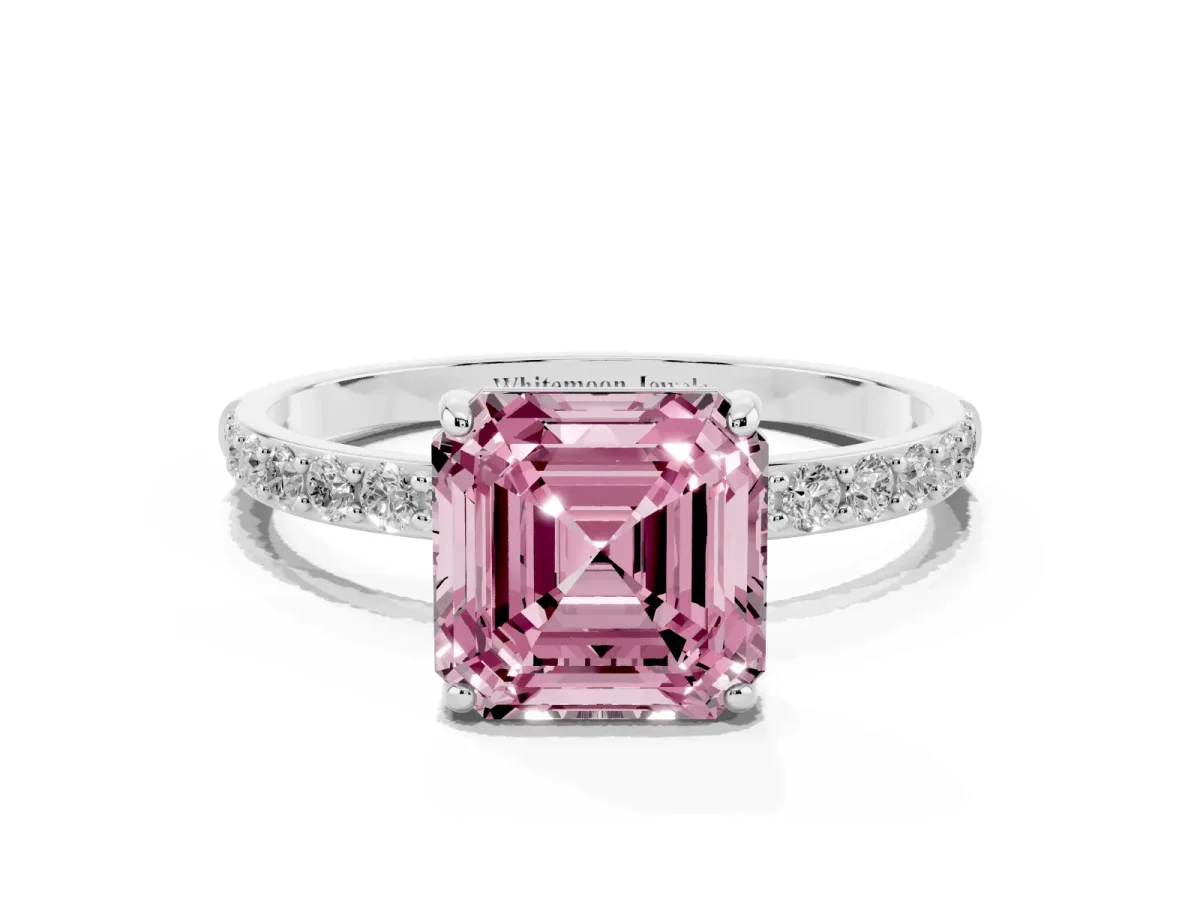 Fancy Pink Asscher Cut Diamond Solitaire Ring with Round Pavé Shoulders and Prong Setting Silver