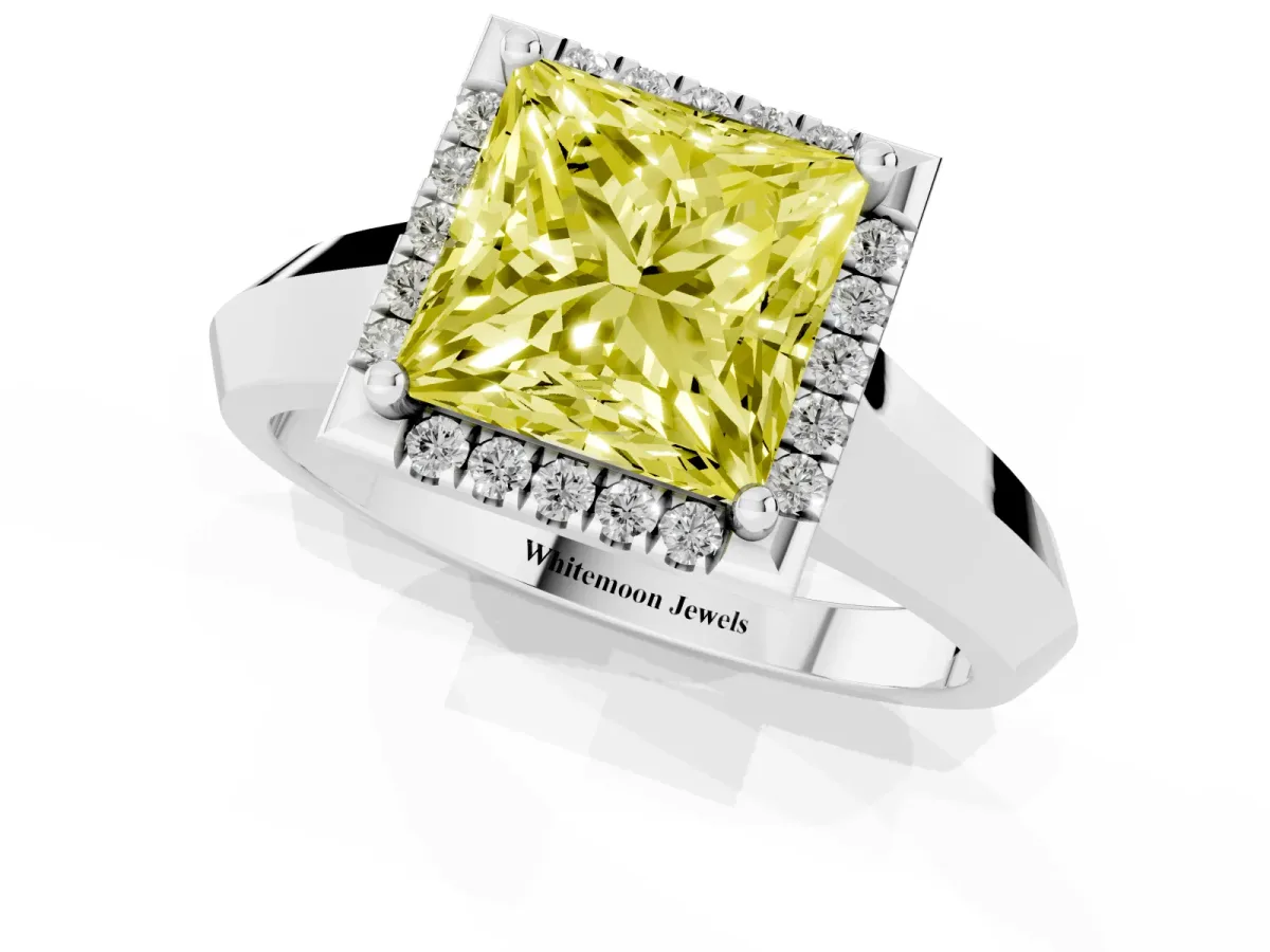Fancy Yellow Princess Cut Halo Diamond Ring with Cathedral Band and Four-Prong Setting Platinum