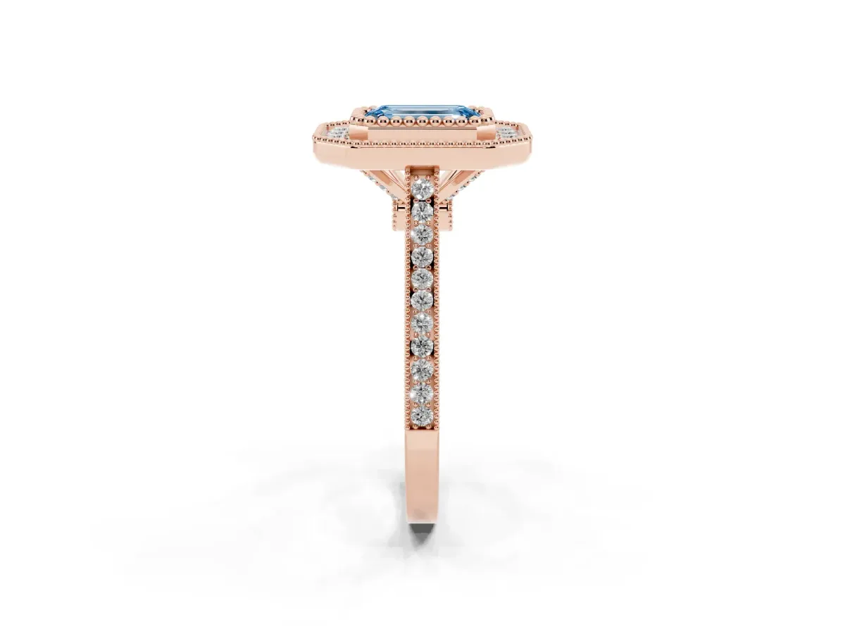 Fancy Blue Emerald Cut Diamond Halo Ring with Milgrain Frame and Pavé Band Rose gold