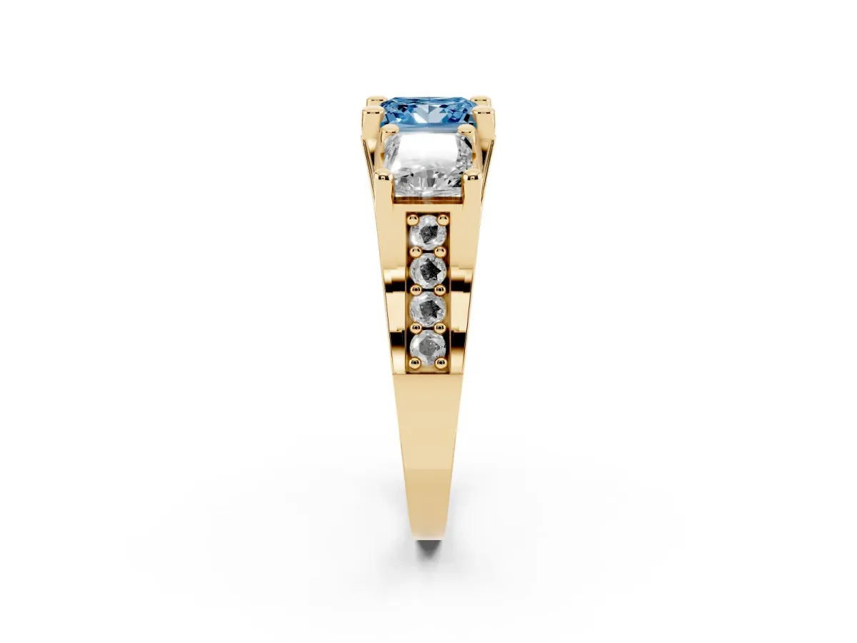 Fancy Blue Princess Cut Diamond Three-Stone Ring with Channel Set Band and Four-Prong Setting Yellow gold