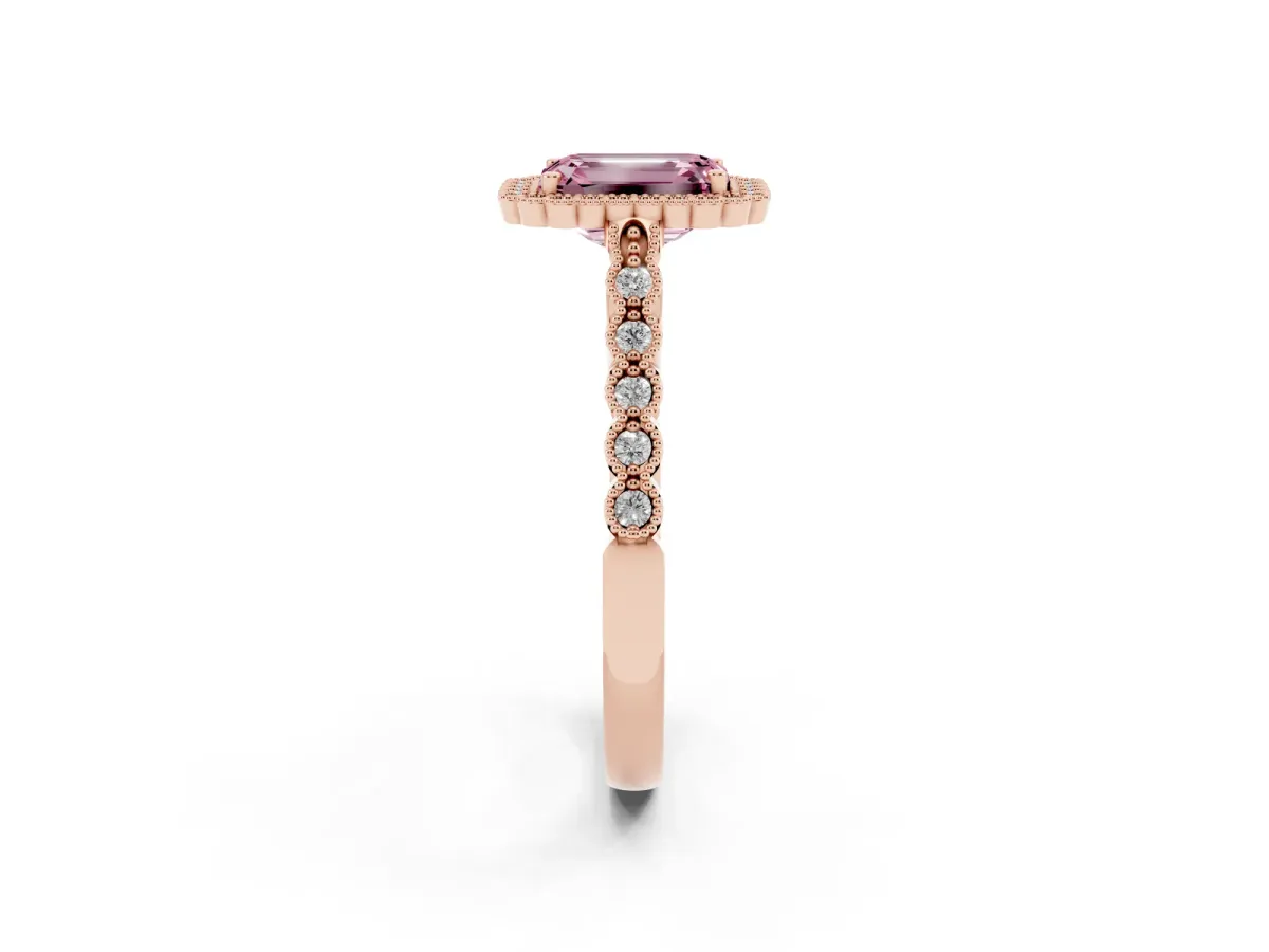Fancy Pink Emerald Cut Cut Halo Pavé Solitaire Ring with Milgrain Band Rose gold