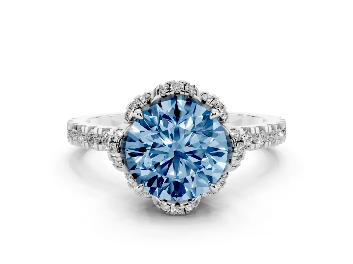 Fancy Blue Round Cut Halo Diamond Pave Band Ring with Four-Prong Setting Silver