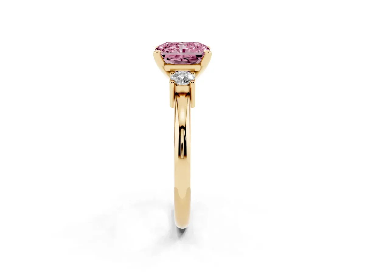 Fancy Pink Three-Stone Radiant Cut Cut Diamond Solitaire with Prong Setting and Classic Band Yellow gold