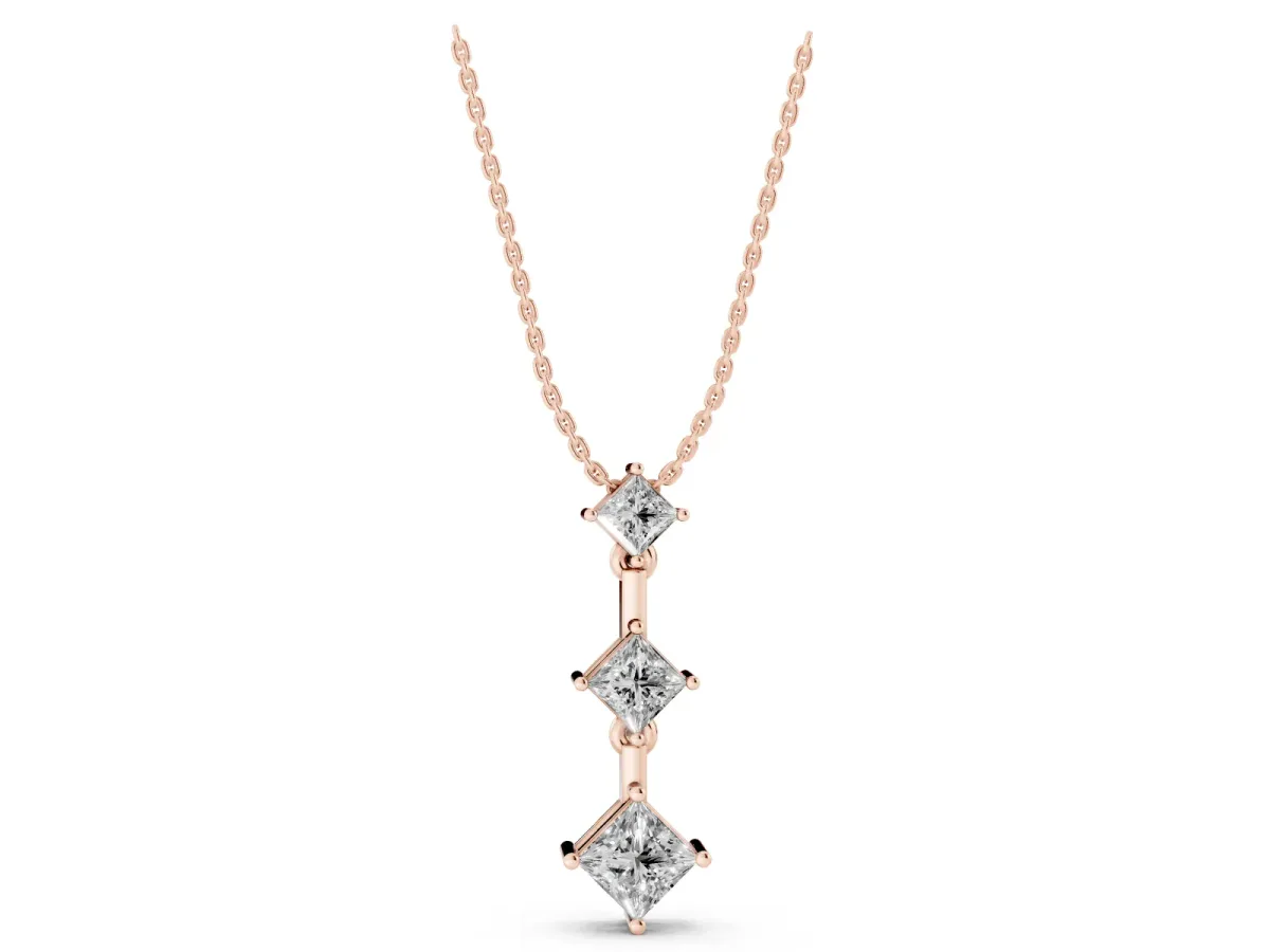 Triple Princess Cut Drop Pendant with Four-Prong Setting Rose gold