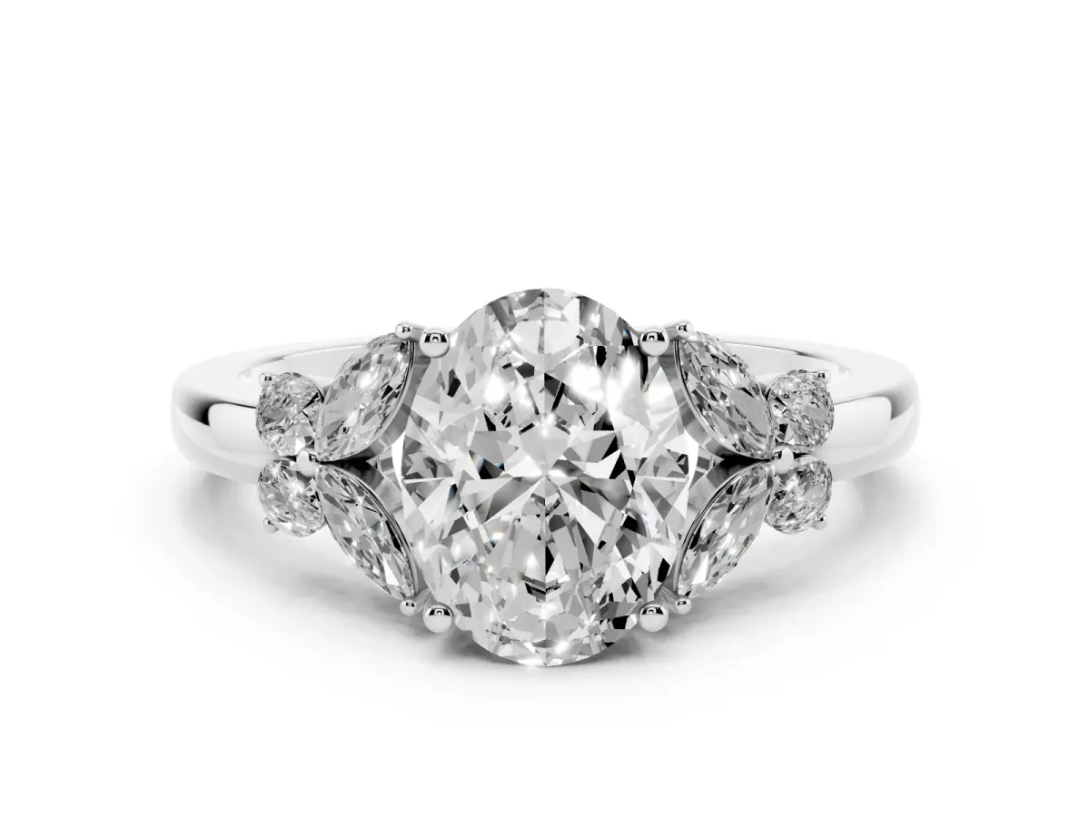 Oval Cut Cut Solitaire Floral Diamond Ring with Four-Prong Setting Platinum