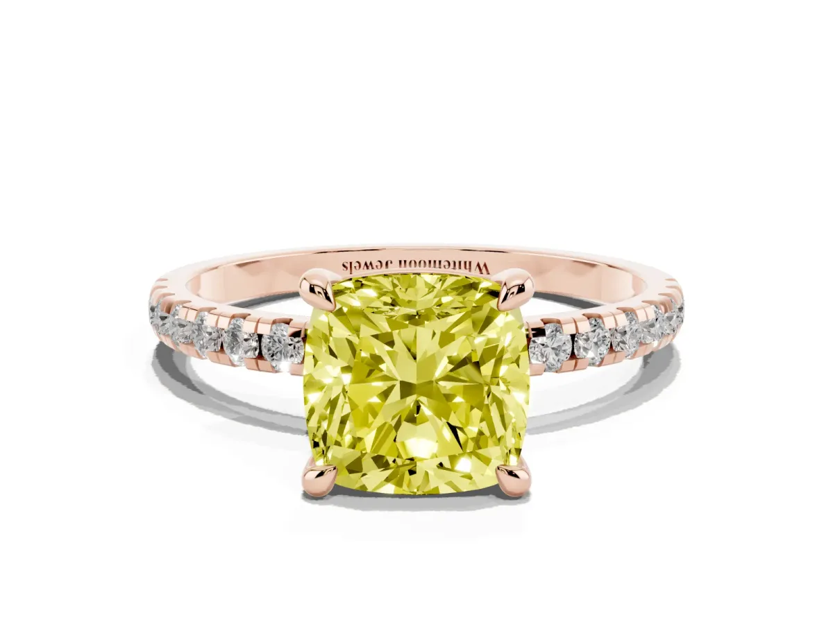 Fancy Yellow Cushion Cut Diamond Brilliant Solitaire Ring with Pavé Band and Four-Prong Setting Rose gold
