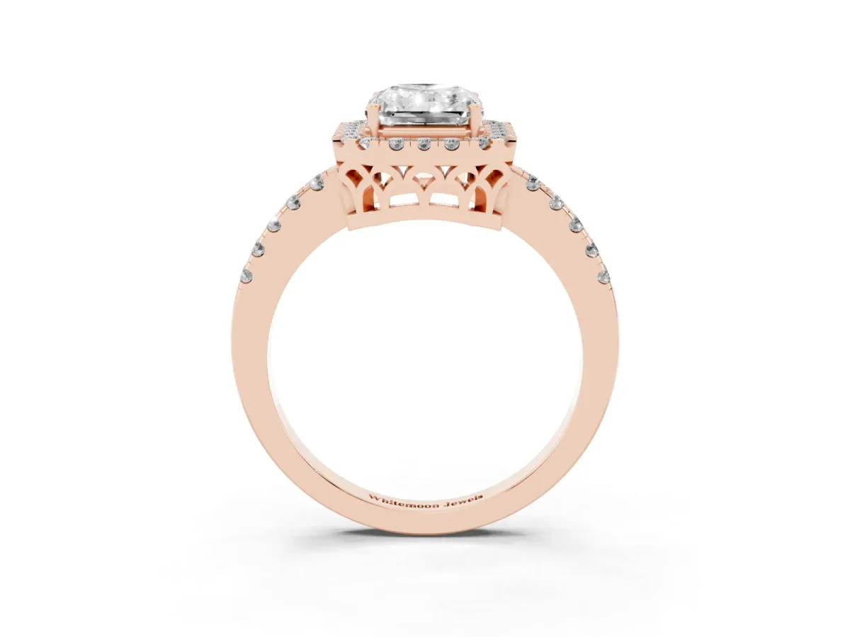 Radiant Cut Halo Diamond Engagement Ring with Pavé Band and Four-Prong Setting Rose gold