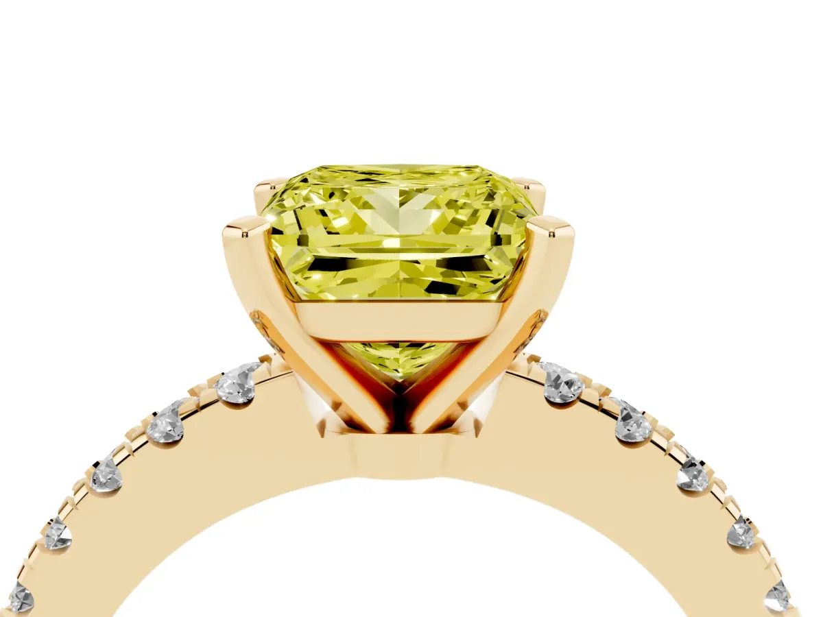 Fancy Yellow Princess Cut Solitaire Diamond with Pavé Band and Four-Prong Setting Yellow gold