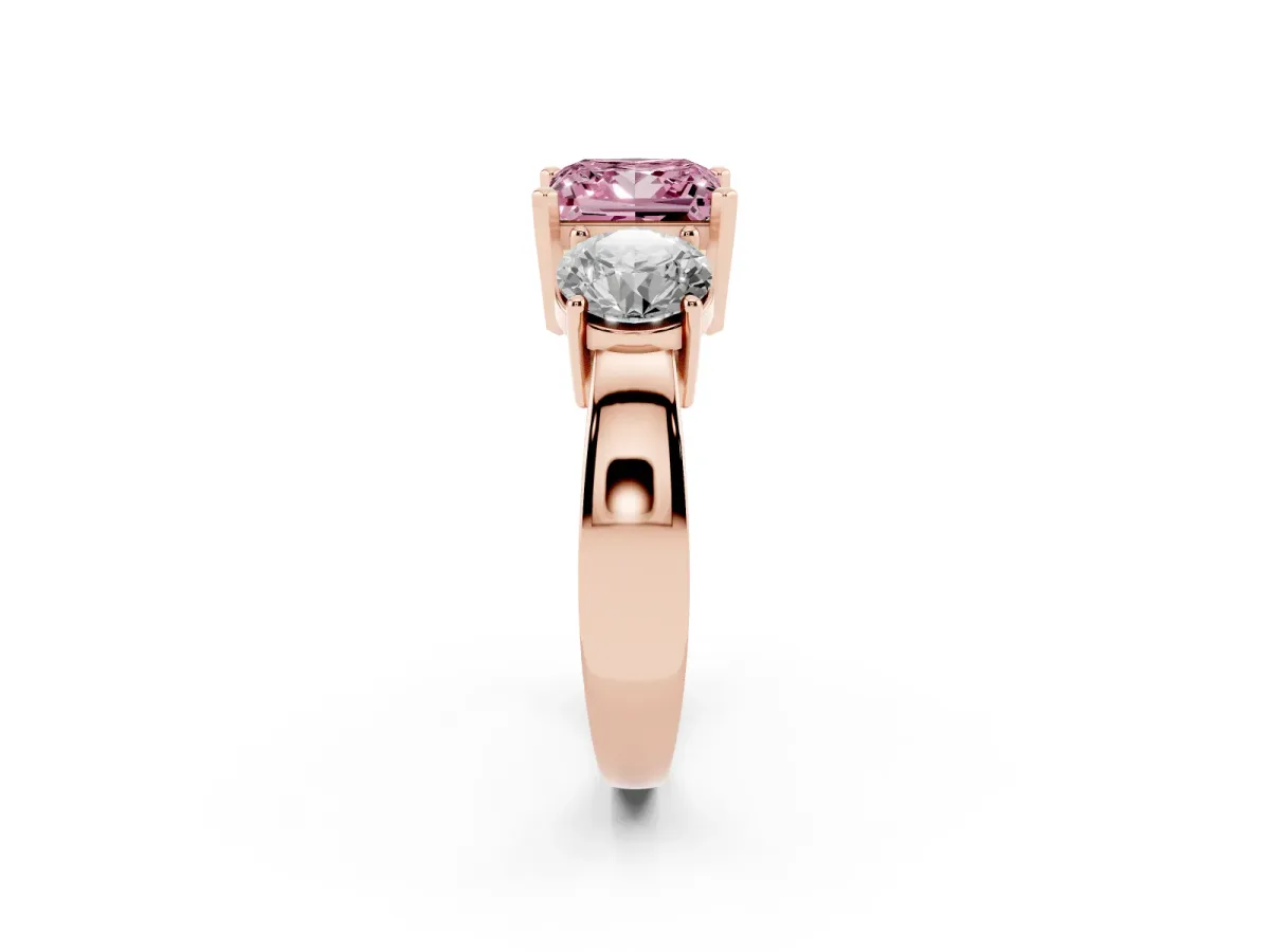 Fancy Pink Three-Stone Princess Cut Diamond Ring with Round Side Stones, Classic Band, and Four-Prong Setting Rose gold