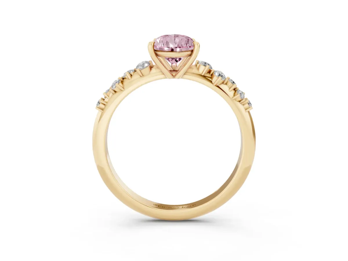 Fancy Pink Pear Cut Diamond Cluster Side Stone Solitaire Ring with Prong Setting Yellow gold