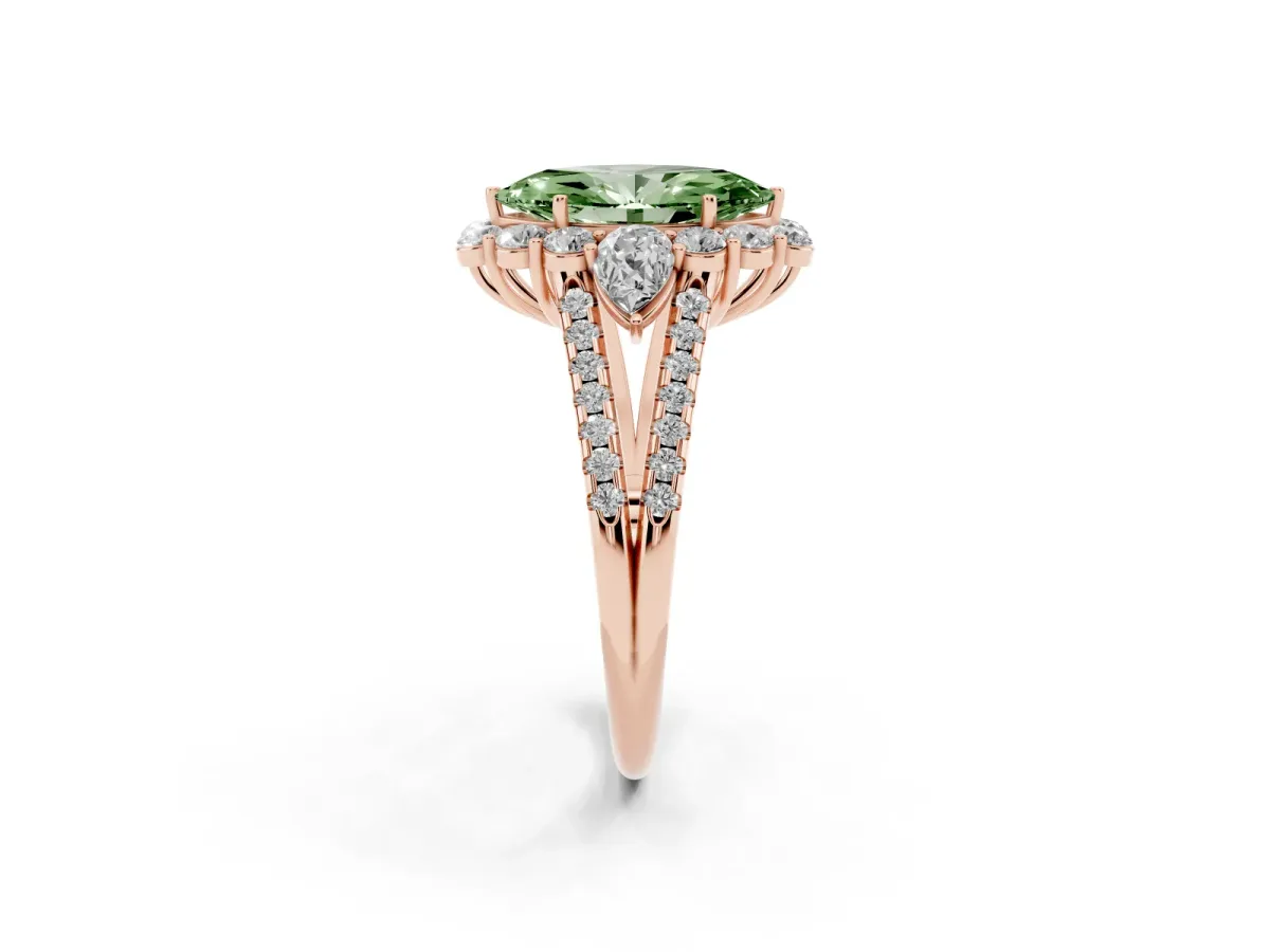 Fancy Green Marquise Cut Halo Split Shank Diamond Engagement Ring with Prong Setting Rose gold