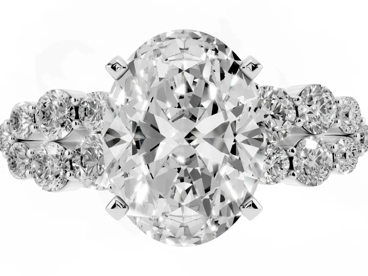 Oval Cut Cluster Diamond Engagement Ring with Pavé Band and Four-Prong Setting Silver