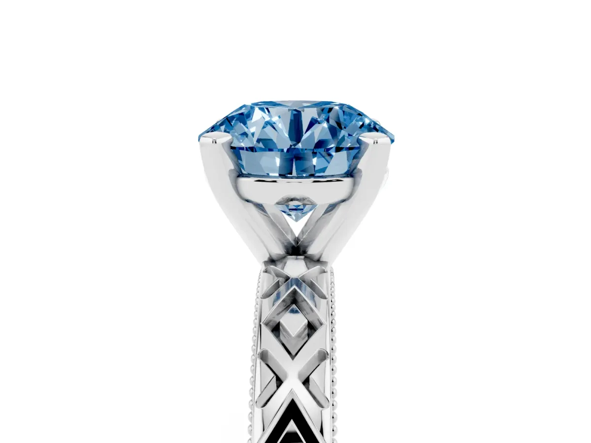 Fancy Blue Round Cut Solitaire Diamond Ring with Milgrain and Black Enamel X Pattern Band Silver