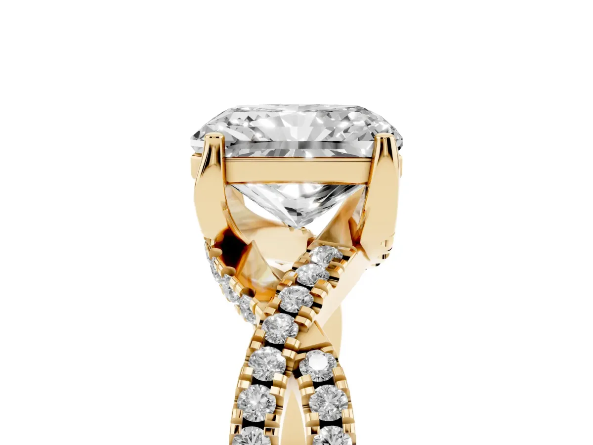 Radiant Cut Solitaire Twist Pave Diamond Engagement Ring with Prong Setting Yellow gold