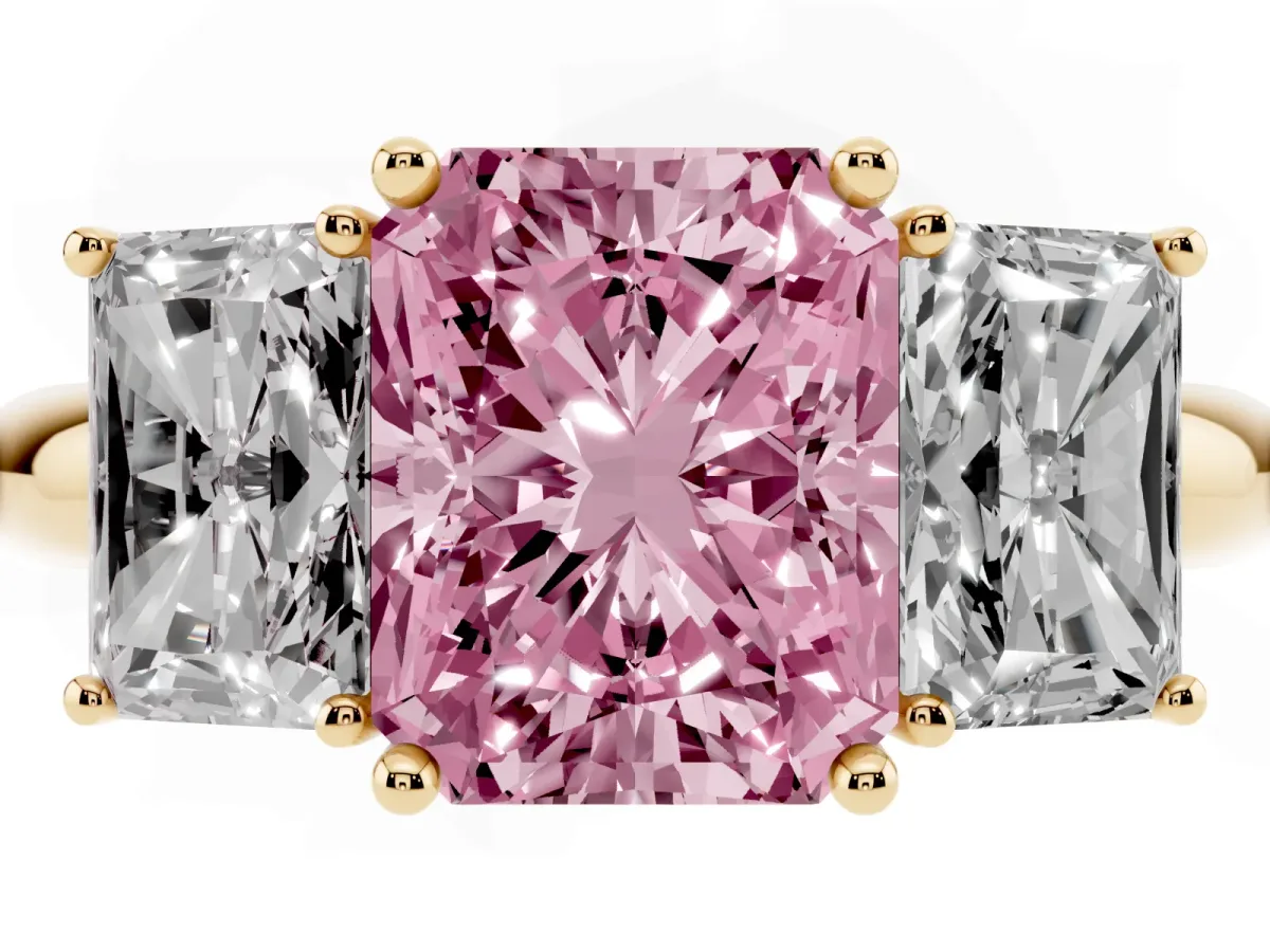 Fancy Pink Three-Stone Radiant Cut Cut Diamond Engagement Ring with Prong Setting on a White Gold Band Yellow gold
