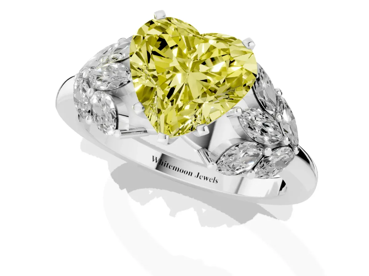 Fancy Yellow Heart Cut Diamond Cluster Leaf Design Ring with Prong Setting Silver
