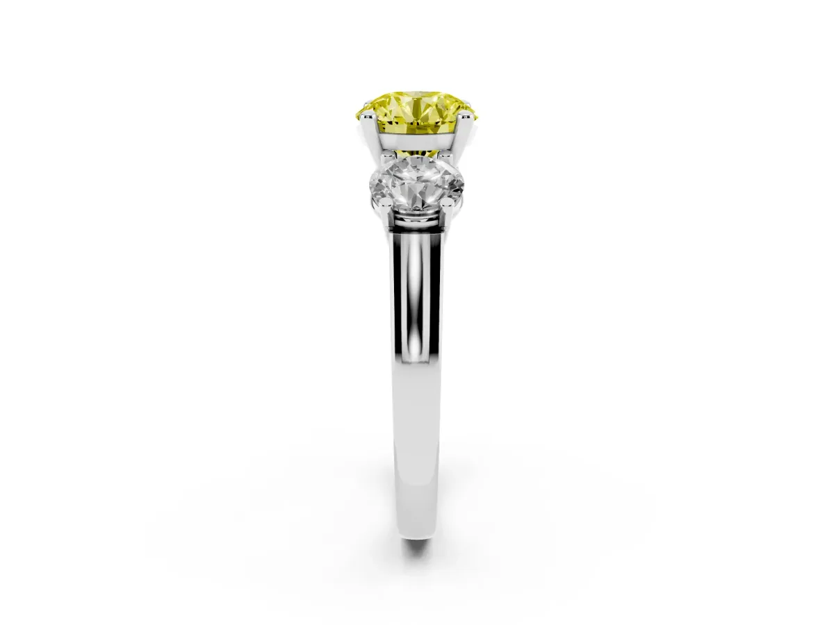 Fancy Yellow Three-Stone Round Cut Brilliant Diamond Trellis Ring with Comfort Fit Band Silver