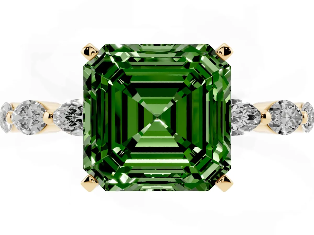 Fancy Green Asscher Cut Diamond Ring with Marquise Side Stones and Prong Setting Yellow gold