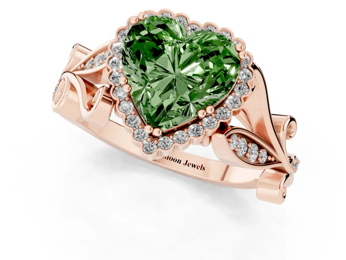 Fancy Green Heart Cut Diamond Halo Ring with Vintage Split Shank and Four-Prong Setting Rose gold
