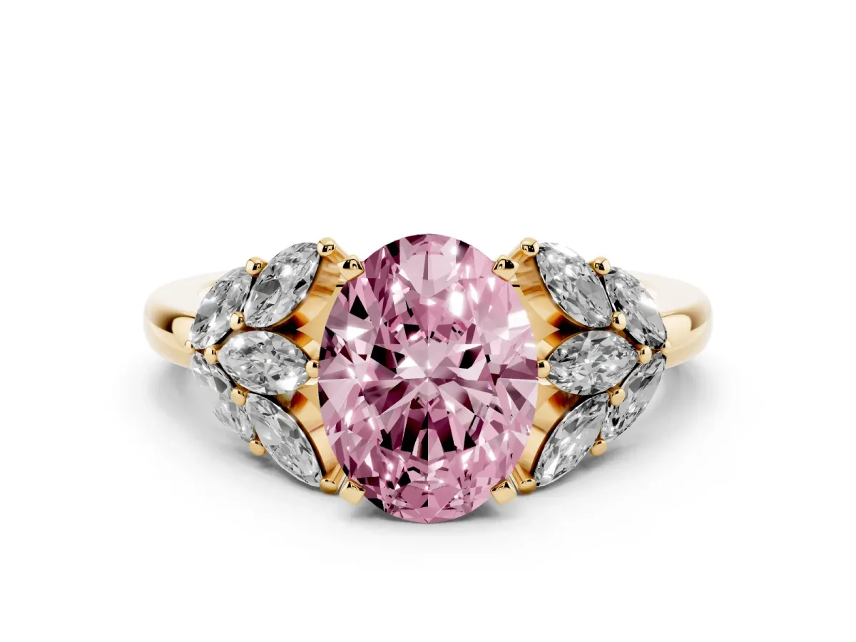 Fancy Pink Oval Cut Diamond Cluster Leaf Design Ring with Prong Setting Yellow gold