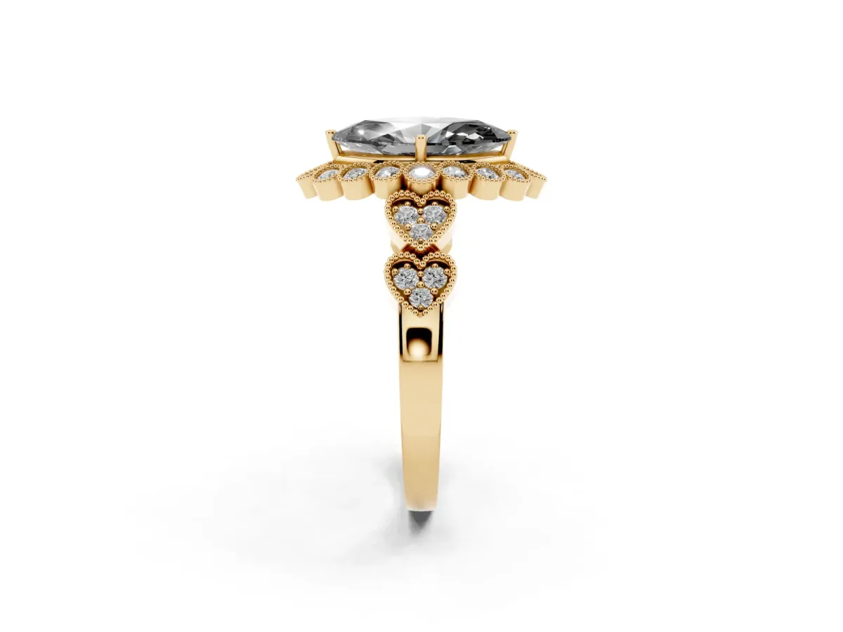 Fancy Black Marquise Cut Brilliant Milgrain Pave Heart Band Solitaire Ring Yellow gold