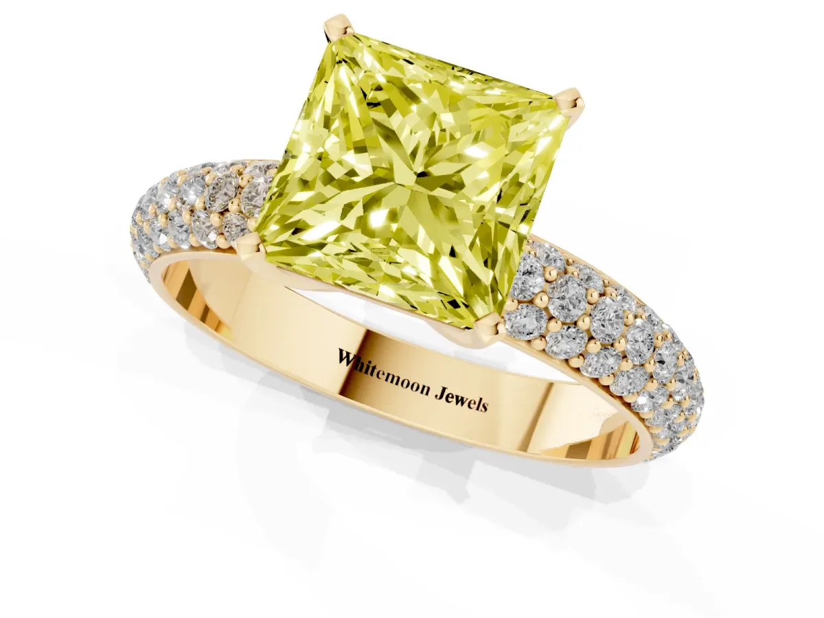 Fancy Yellow Princess Cut Diamond Solitaire Ring with Prong Setting and Pavé Band Yellow gold