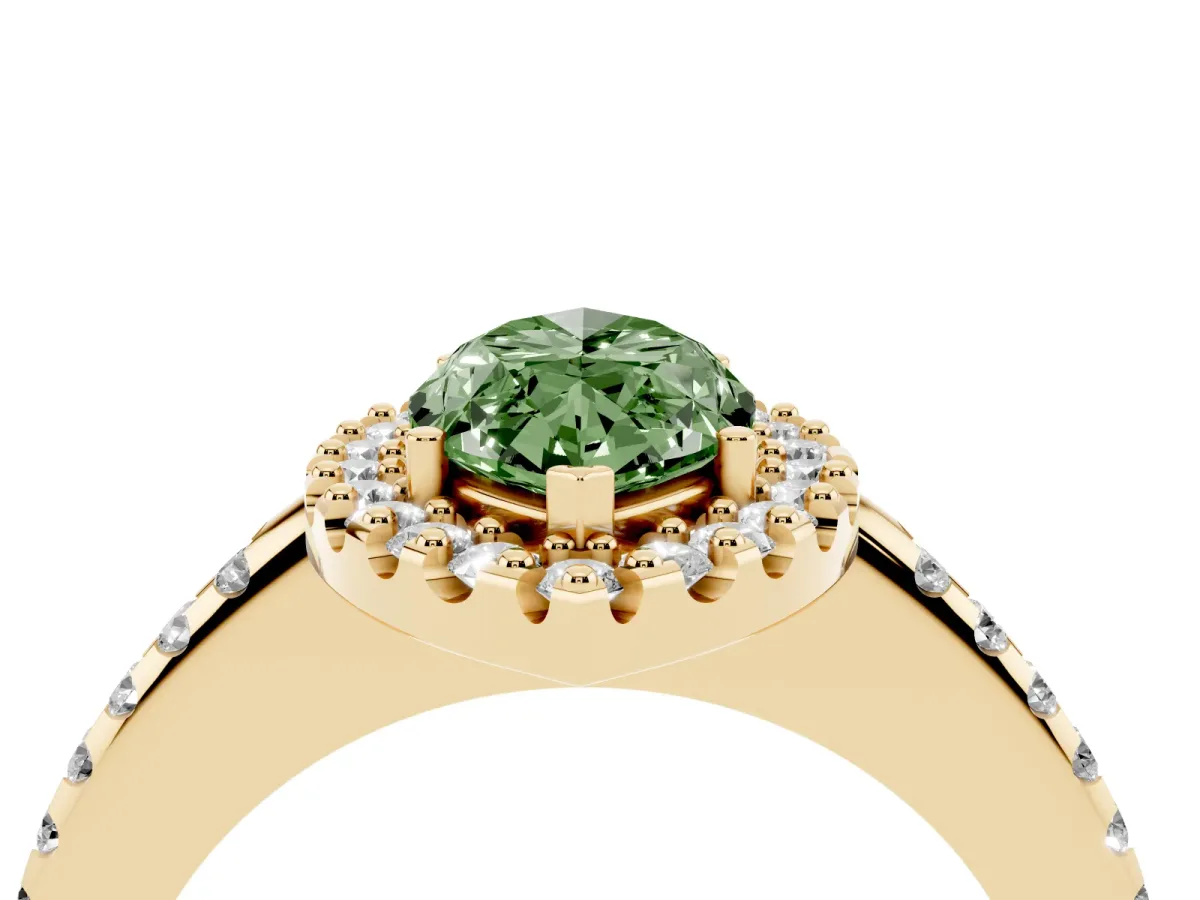 Fancy Green Marquise Cut Diamond Pavé Halo Ring with Four-Prong Setting Yellow gold