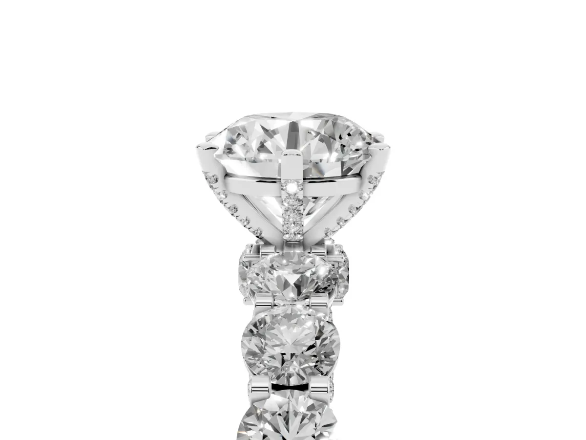 Round Cut Diamond Side Stone Engagement Ring with Four-Prong Setting Silver