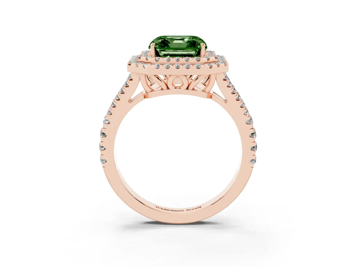 Fancy Green Asscher Cut Diamond Double Halo Ring with Pavé Band and Prong Setting Rose gold