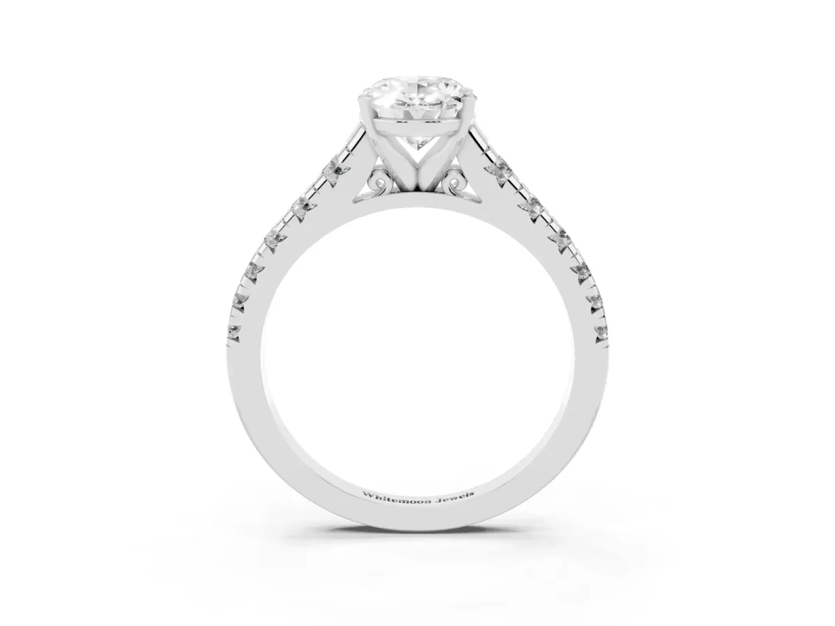 Oval Cut Diamond Cathedral Solitaire Ring with Round Pavé Band Silver