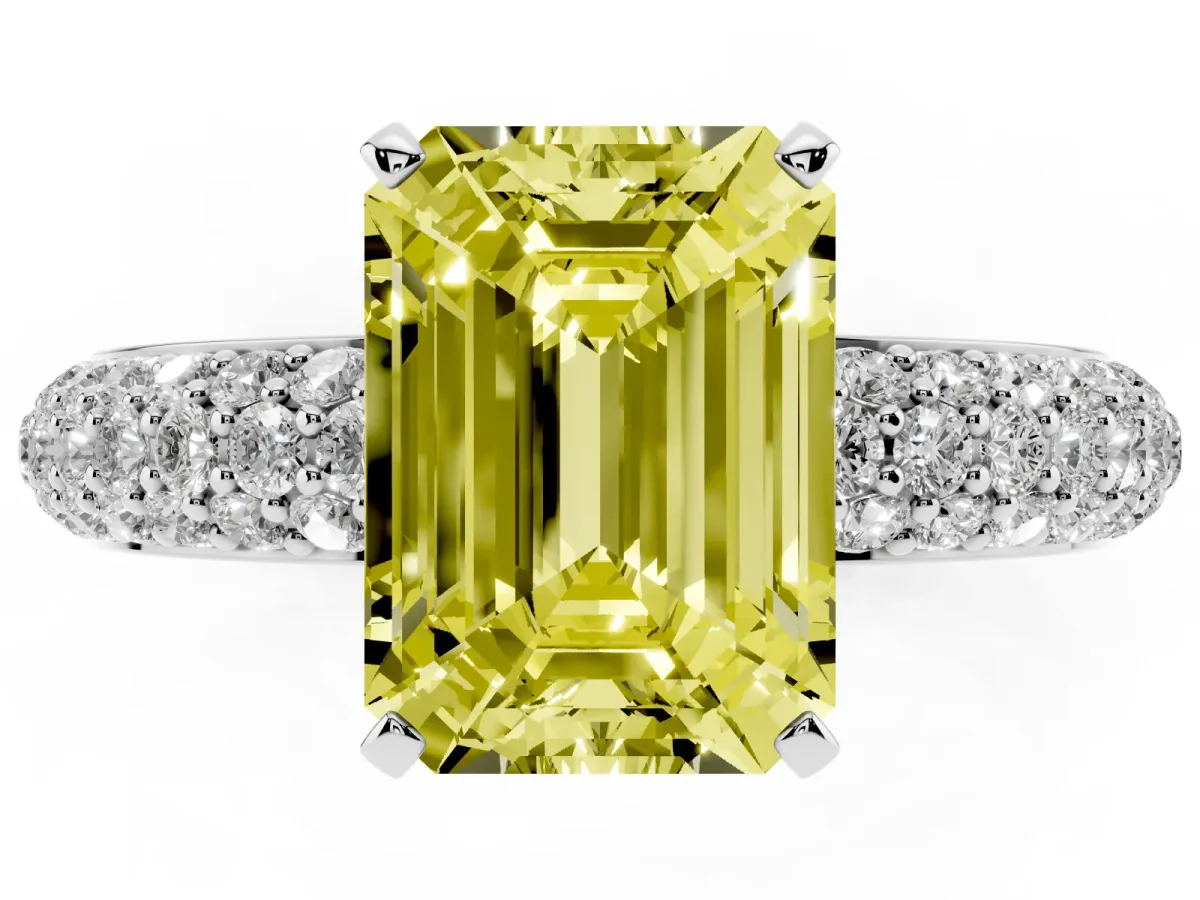 Fancy Yellow Emerald Cut Diamond Solitaire Ring with Prong Setting and Pavé Band Silver