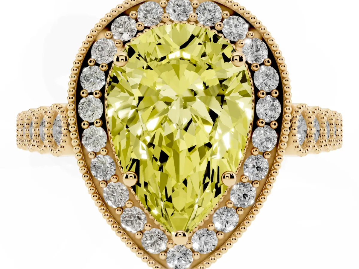 Fancy Yellow Pear Cut Halo Milgrain Solitaire with Bezel Set Side Stones and Pave Band Yellow gold