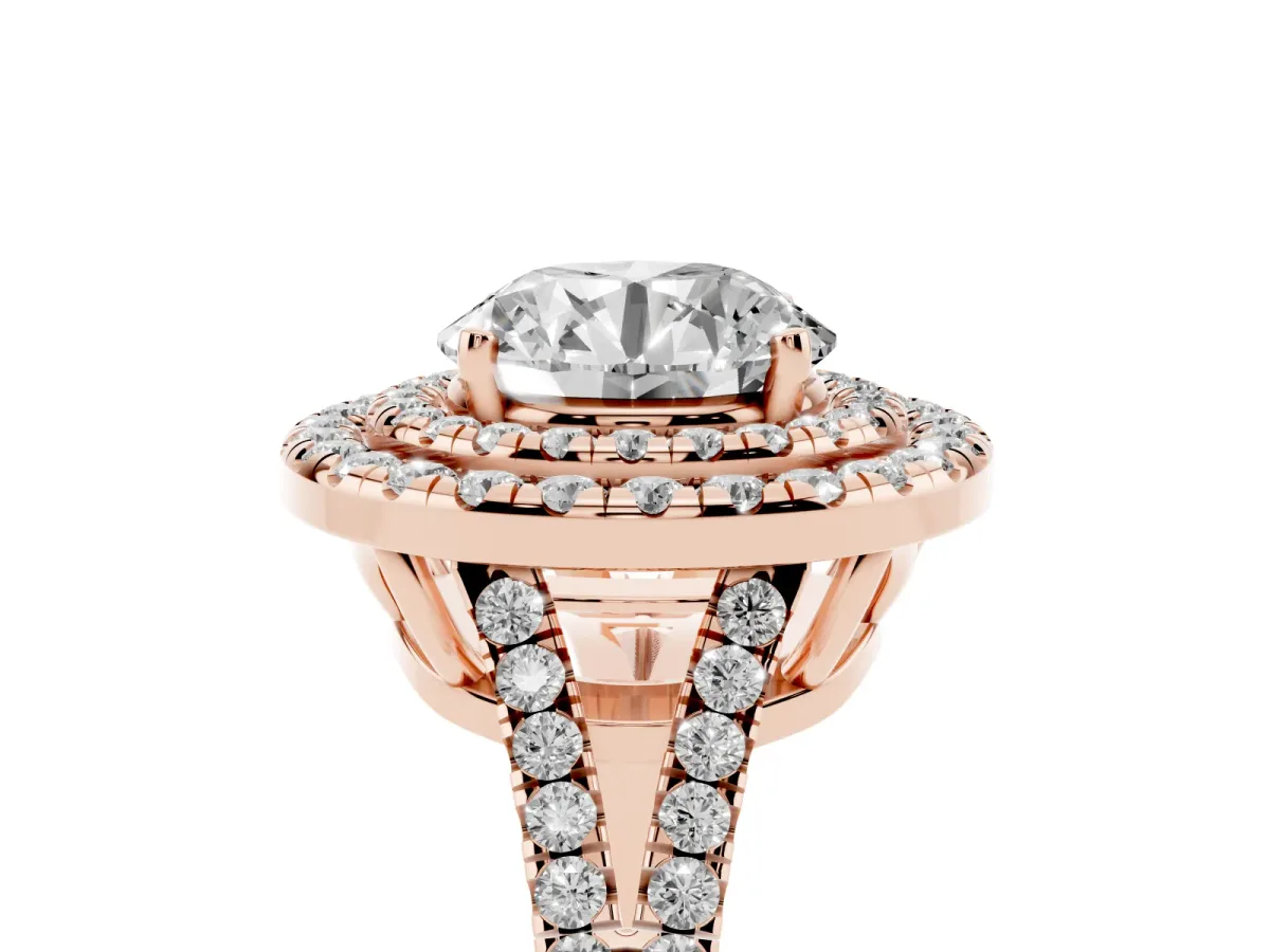 Round Cut Diamond Double Halo Ring with Pavé Band and Prong Setting Rose gold