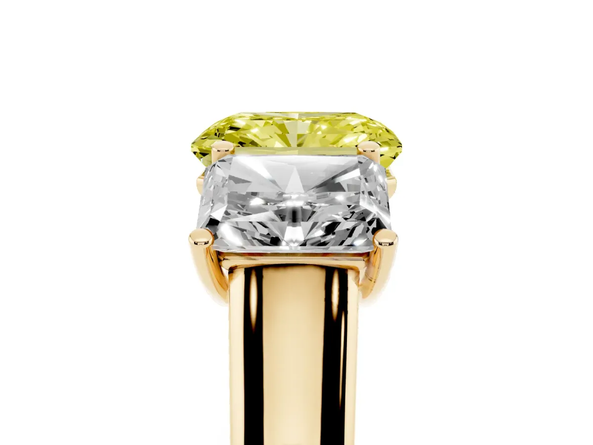 Fancy Yellow Radiant Cut Three-Stone Diamond Ring with Prong Setting on a Classic Band Yellow gold