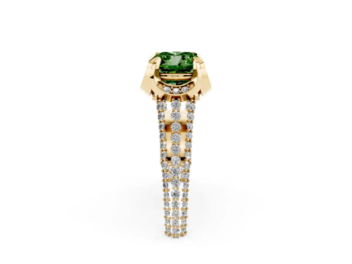 Fancy Green Cushion Cut Solitaire Pave Split Shank Ring with Four-Prong Setting Yellow gold