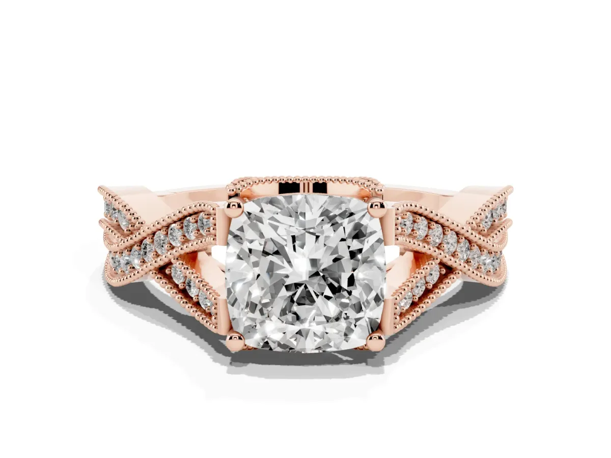 Cushion Cut Cut Diamond Twisted Band with Milgrain Pave Setting and Four-Prong Setting Rose gold