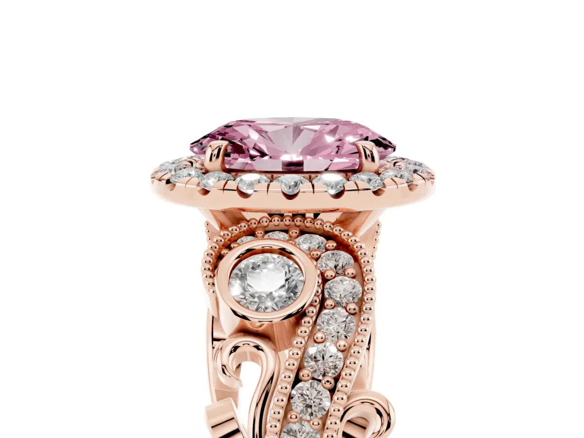 Fancy Pink Oval Cut Diamond Halo Ring with Milgrain Pavé Band and Four-Prong Setting Rose gold