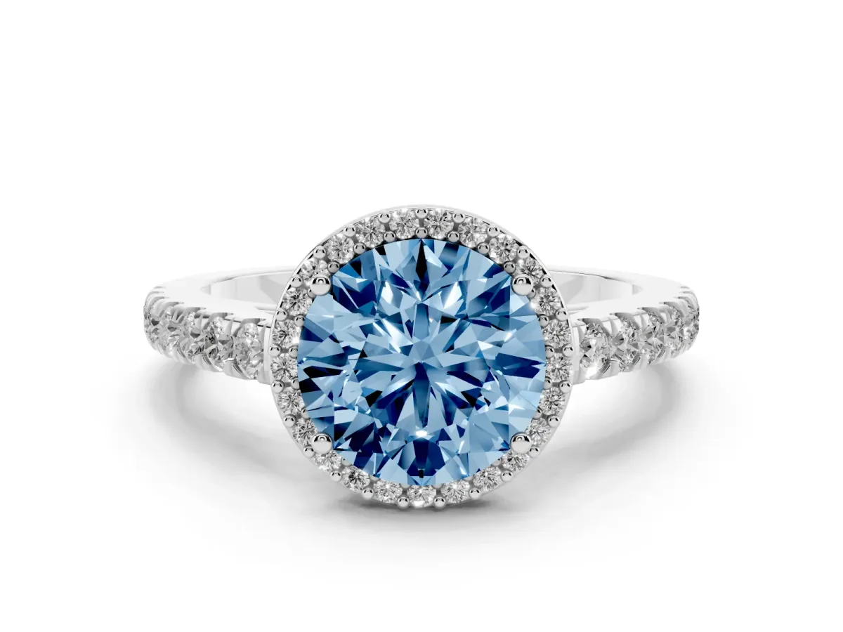 Fancy Blue Round Cut Cut Halo Diamond Engagement Ring with Pave Band and Four-Prong Setting Silver