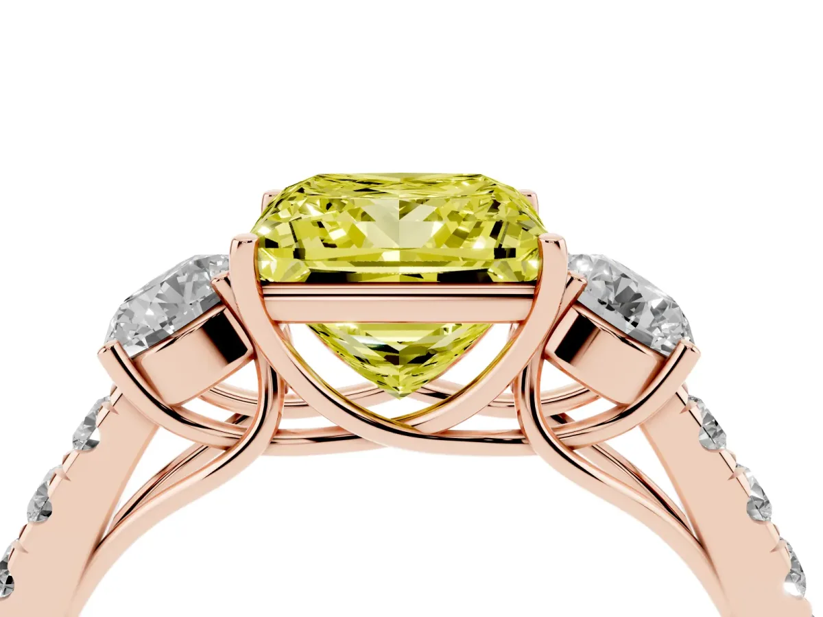 Fancy Yellow Princess Cut Cut Diamond Three-Stone Ring with Round Side Stones and Pavé Band Rose gold